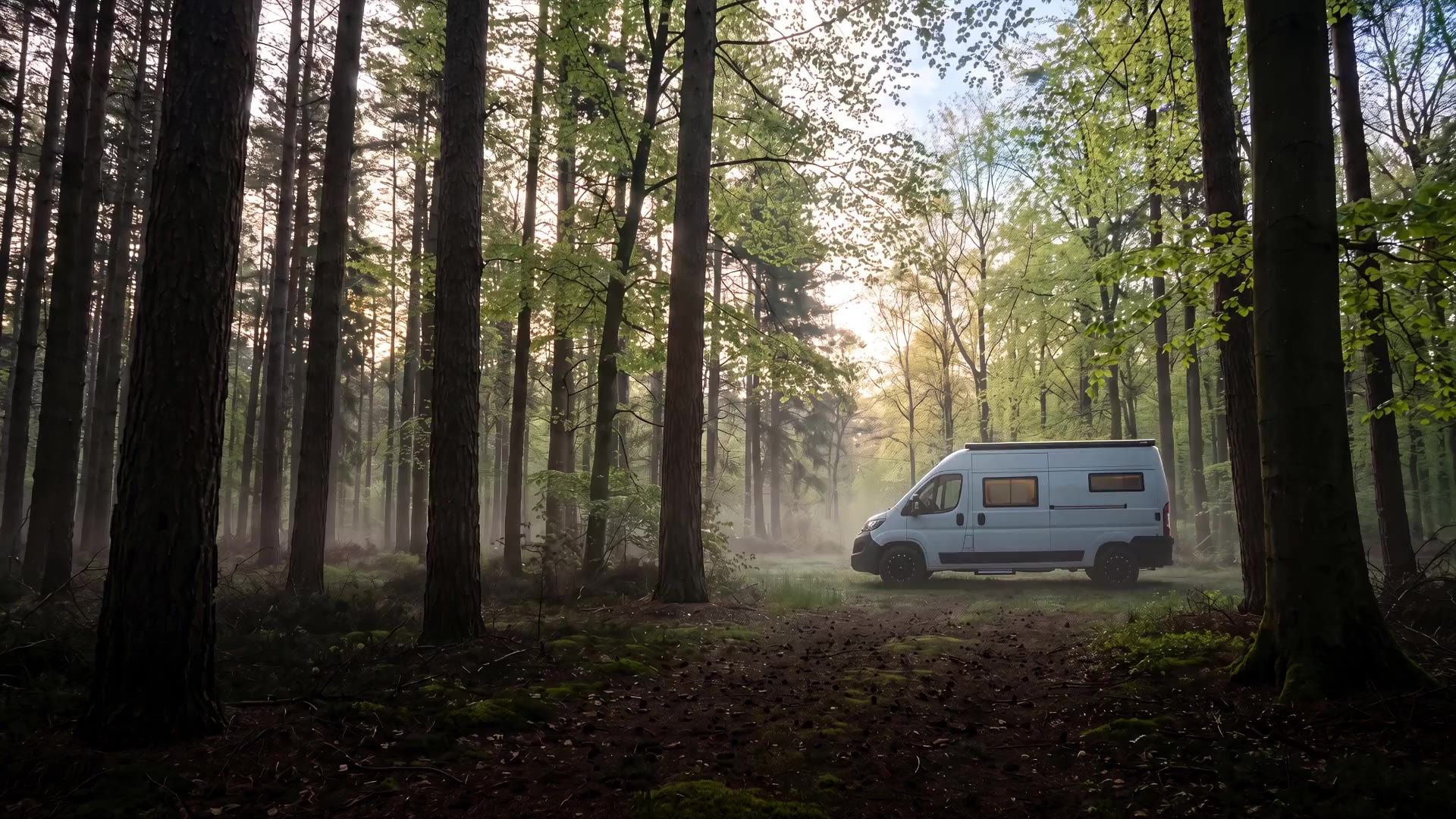 The GORA van in a misty forest clearing, morning light