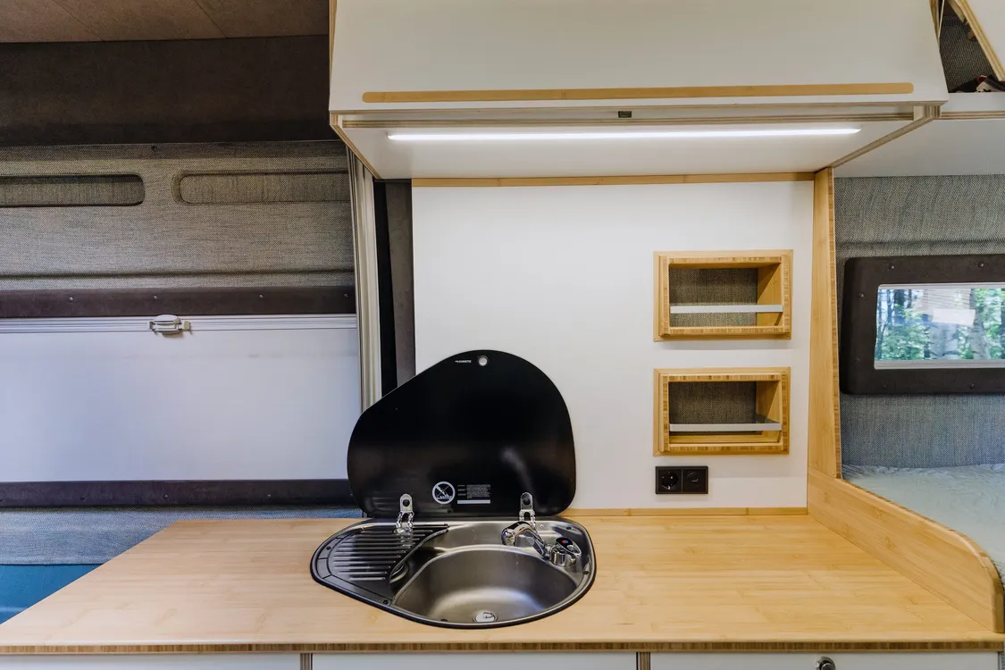 Kitchen unit with sink and bamboo worktop